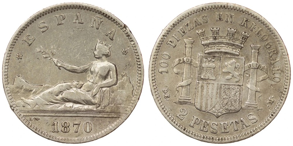 Spain - 2 Pesetas 1870 D.E. .M. - Silver