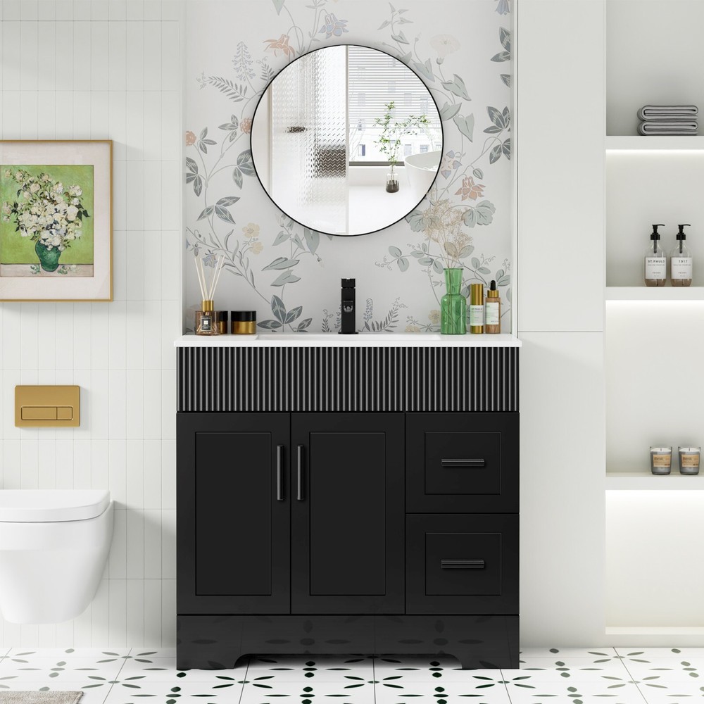 36" Single Bathroom Vanity Set with Drop in Ceramic Sink Top with Wave Lines