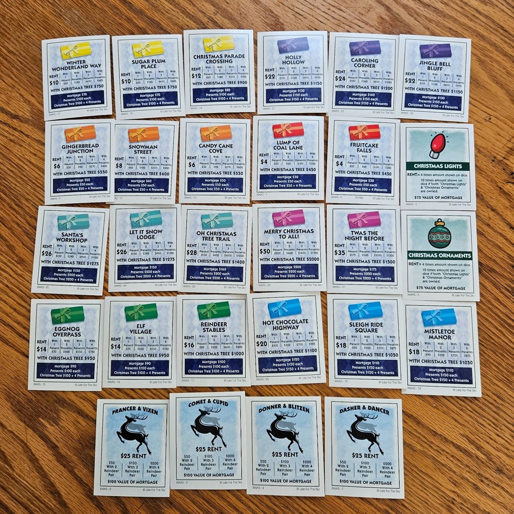 Christmas-Opoly Board Game Replacement Deed Cards  - Complete