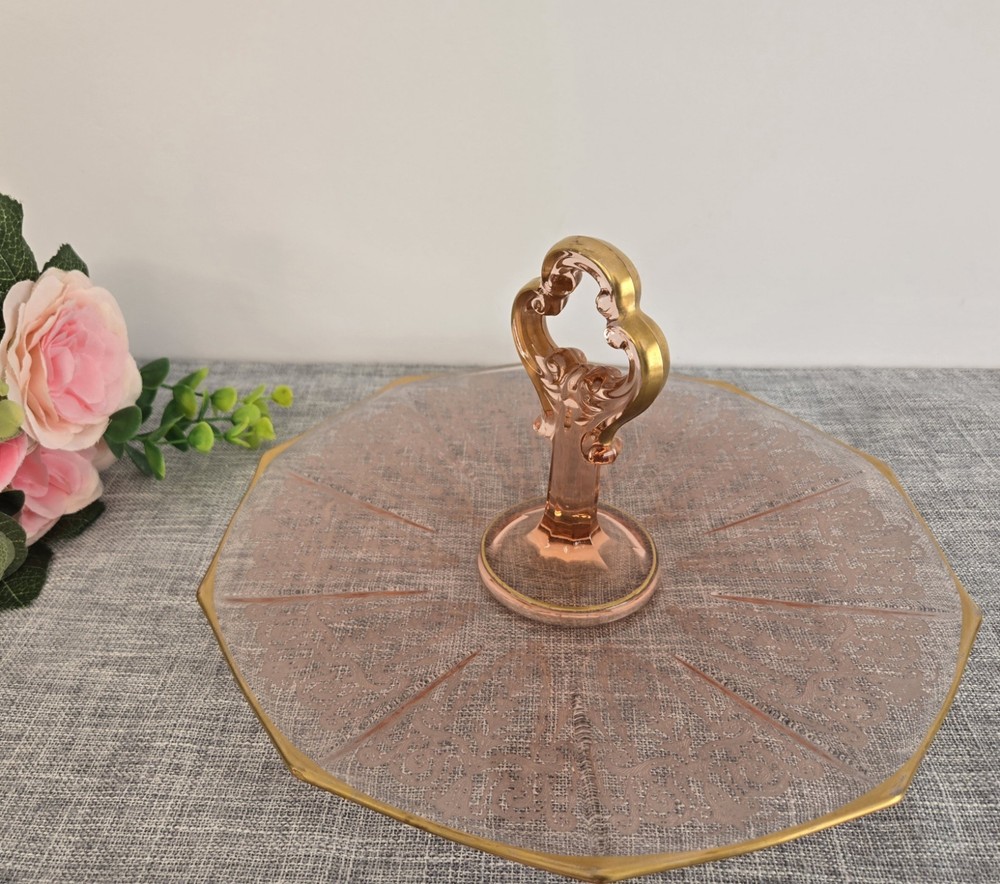 Vintage Pink Depression Glass Handle Server Decagon Shape