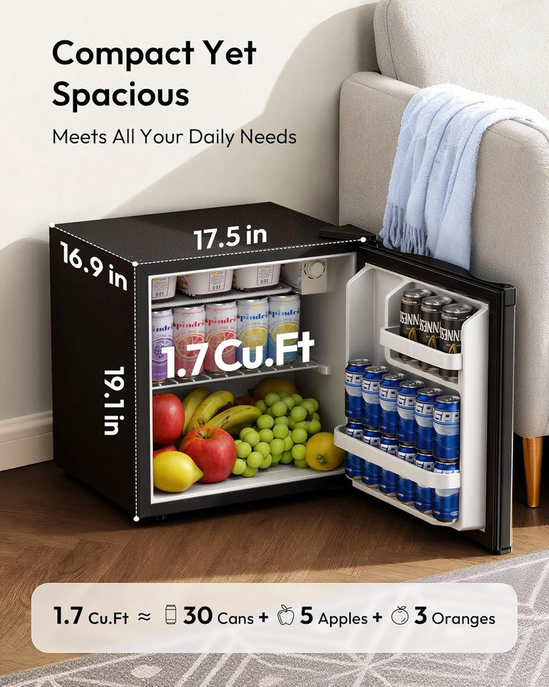 1.7 Cu.Ft Mini Fridge, Reversible Single Door Compact Refrigerator, Adjustable T