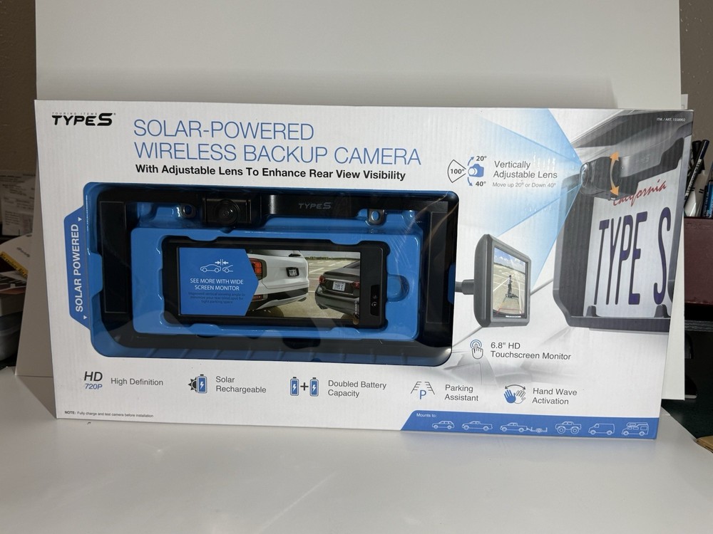 Type S Solar-Powered Wireless Backup Camera Adjustable Lens 6.8" Touch Screen