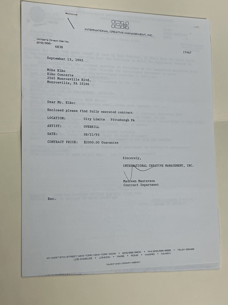 Overkill Concert Contract 1993 Pittsburgh PA
