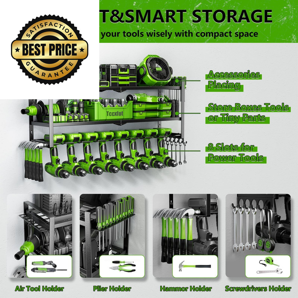 Power Tool Organizer - 3 Layer 8 Drill Holder Wall 3 8 Slots, Jet Black
