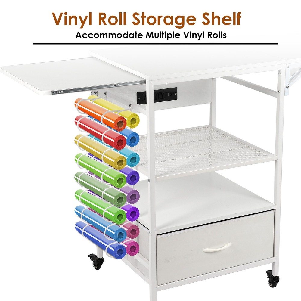Movable Heat Press Table - 3 Tier Rolling Craft Table with Charging Station
