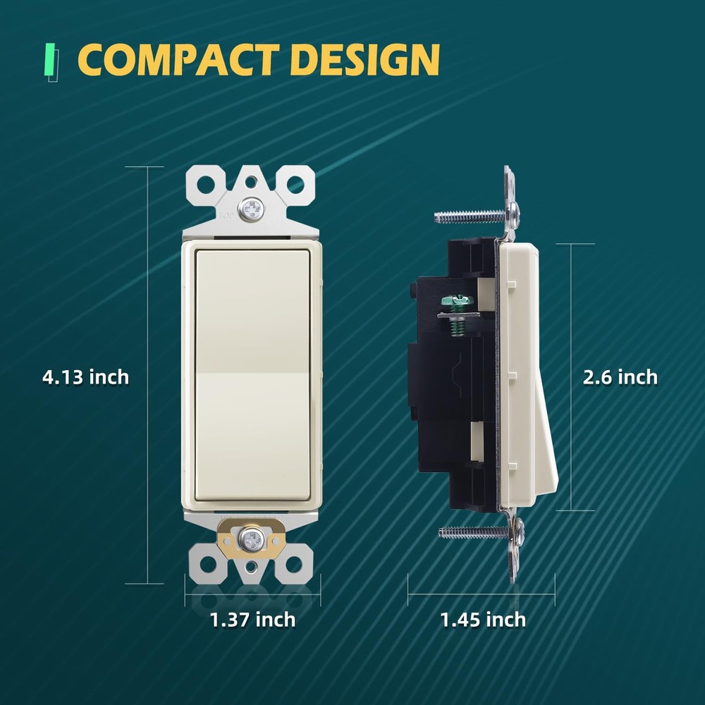 Decorator Wall Light Switch, 15Amp Single Pole On/Off Paddle Switch, Self-gro...