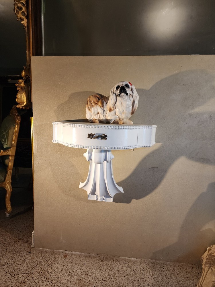 PAIR MID CENTURY MODERN Side Table or Consoles, Violin Scrolls Gloss White.