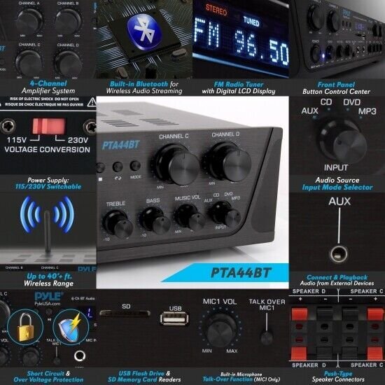 Pyle 4-Ch. Bluetooth Amplifier Stereo Receiver System, with FM Radio PTA44BT