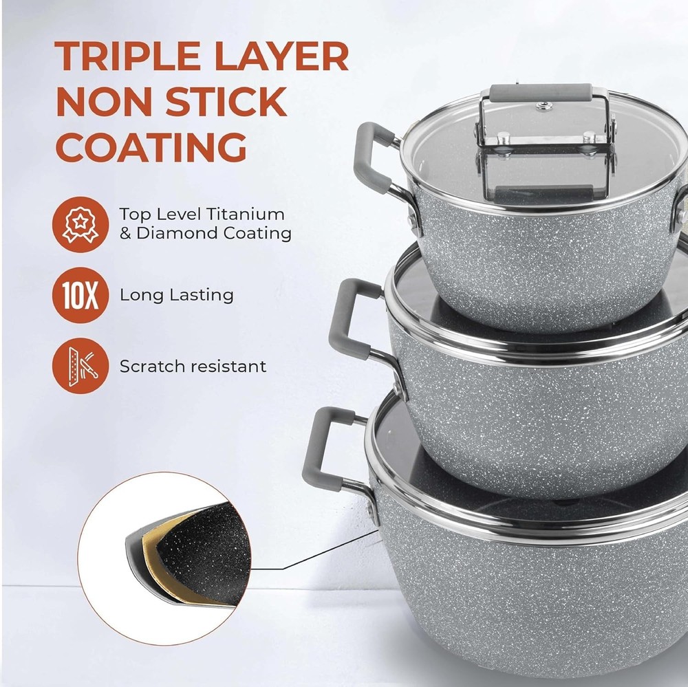 Granitestone Gray Pots and Pans Set Nonstick 6 Stackable Piece Cooking Kitchen