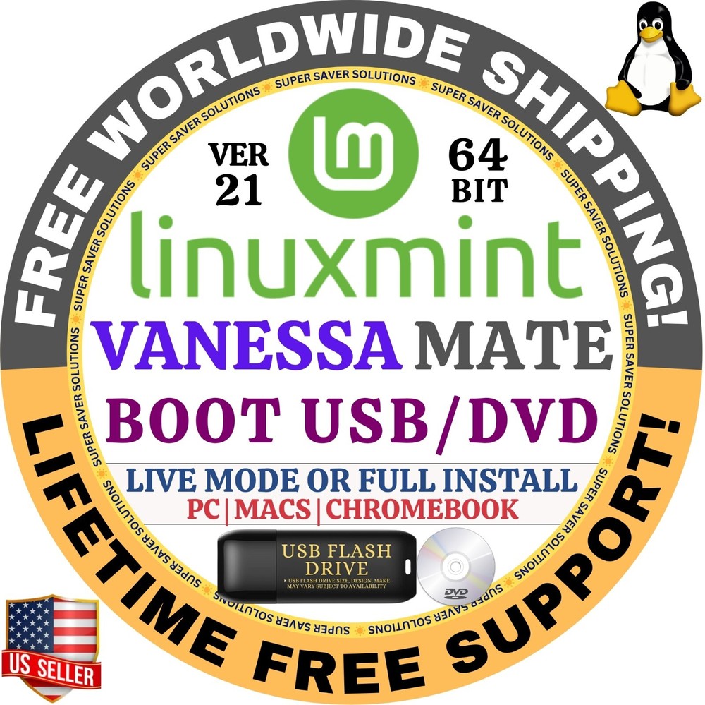 Linux MINT 21 USB VANESSA Mate 64-Bit Live Boot, Full Install for MAC, PC