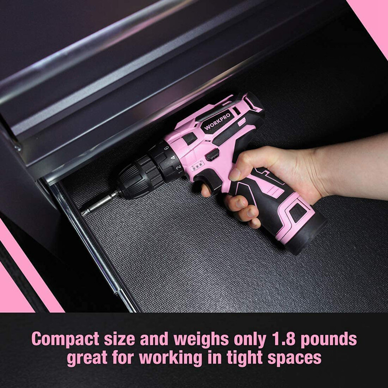 WORKPRO 12V Cordless Drill Driver Set 3/8" Keyless Chuck Screwdriver Driver Pink
