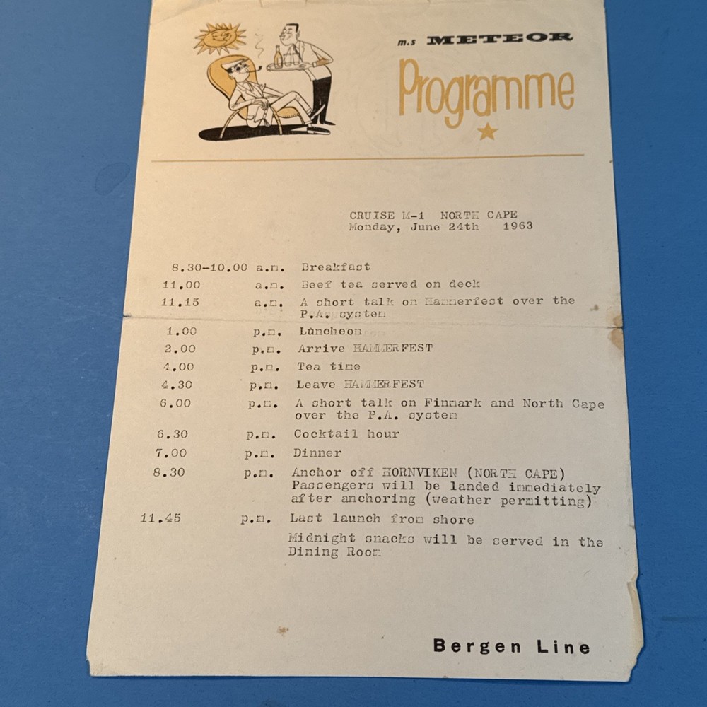 1963 M.S. Meteor Menu & Day's Program Bergen Lines, North Cape