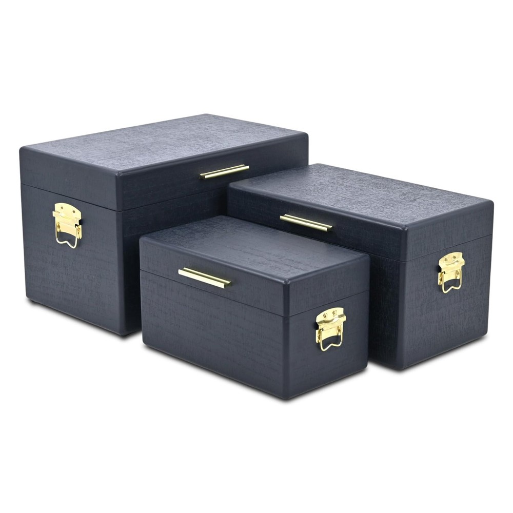 Sable Navy Rectangle Wood Trunks Gold Handles Set 3