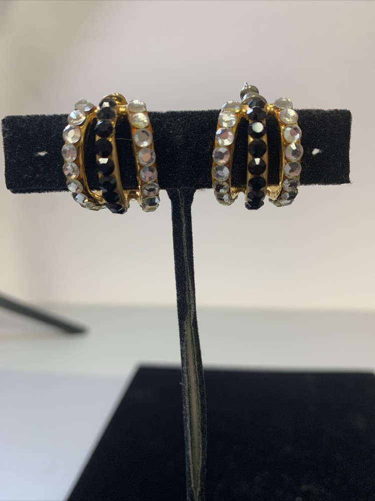 Gold Tone Multicolor Rhinestones Half Hoop Post Earrings