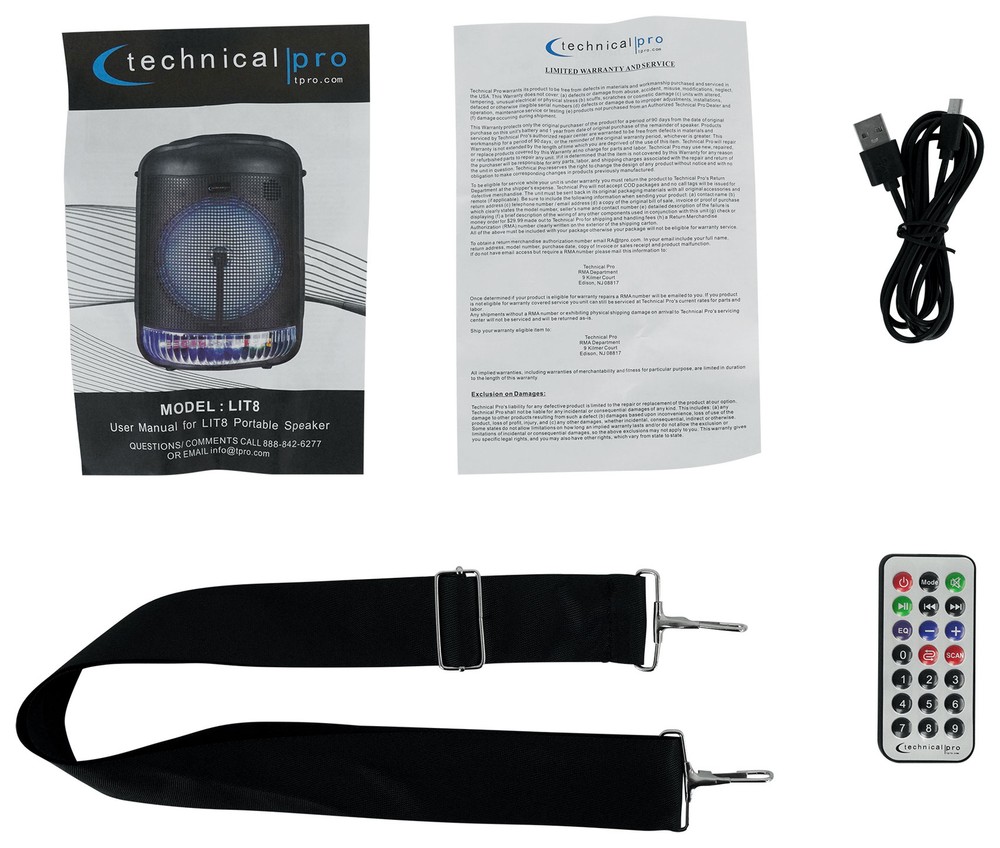 Technical Pro LIT8 Portable 8" Bluetooth LED Karaoke Machine System+Carry Strap