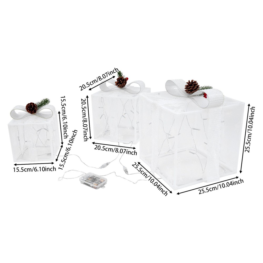 Set Of 3 Lighted Gift Boxes, 50 White Lights Present Box Lighted Display Decor