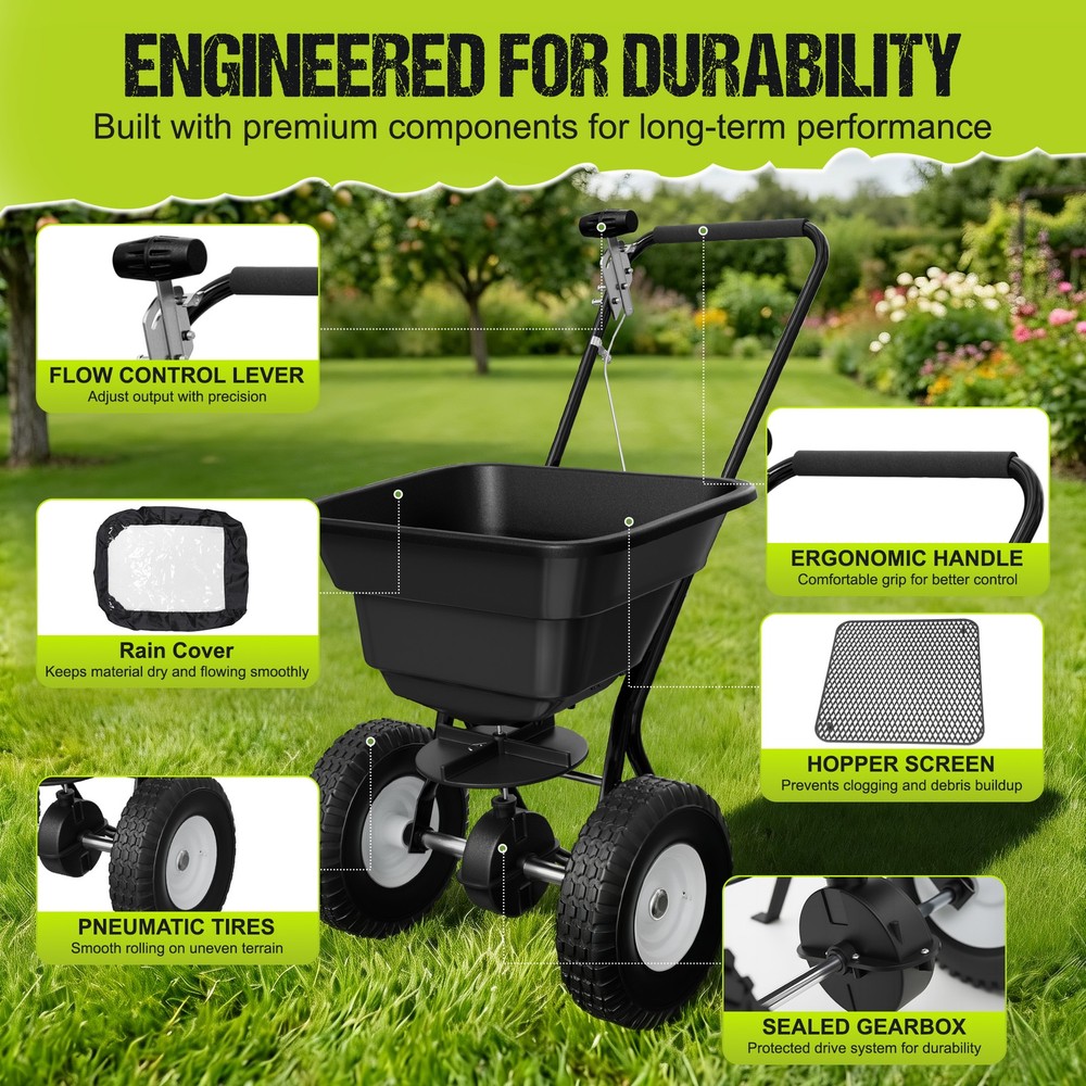 Fertilizer Spreader 80LBS Capacity 0–10FT Spreading Width Seed & Salt Spreader