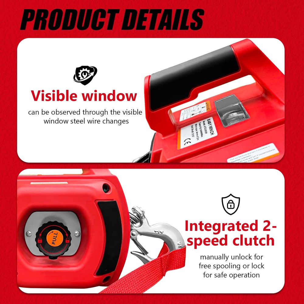 SENKEYFE Drill Powered Portable Winch 1000LBS, with 40FT Red