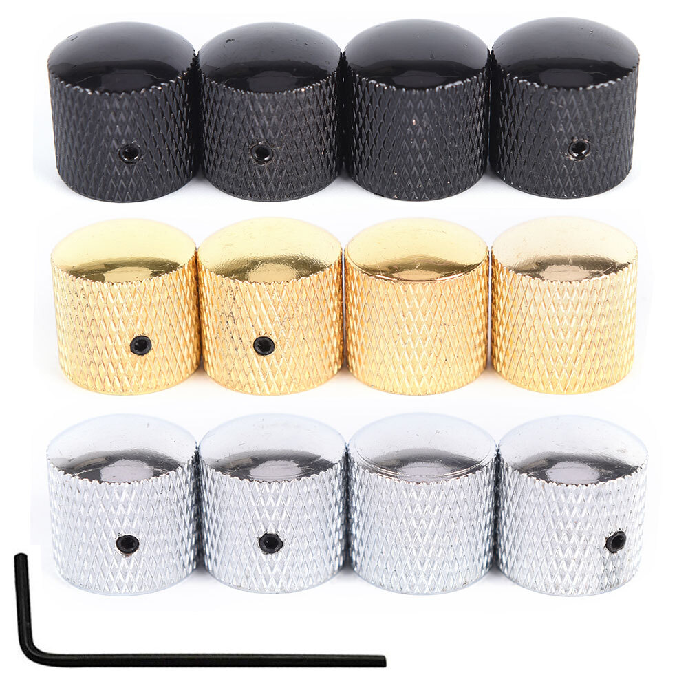 4-Pack Metal Dome Knobs - Chrome Knurled Barrel - Silver Gold Top Guitar Control