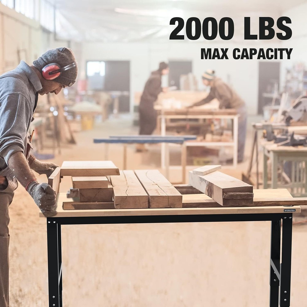 WORKPRO 60"Adjustable Workbench Rubber Wood Top Heavy-Duty 2000LBS Load Capacity