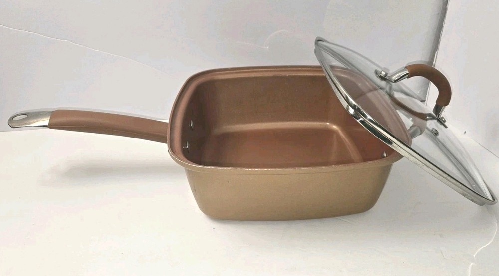 Copper Square Pan 9.5 Inch With Handle And Vent Lid Nonstick Multipurpose