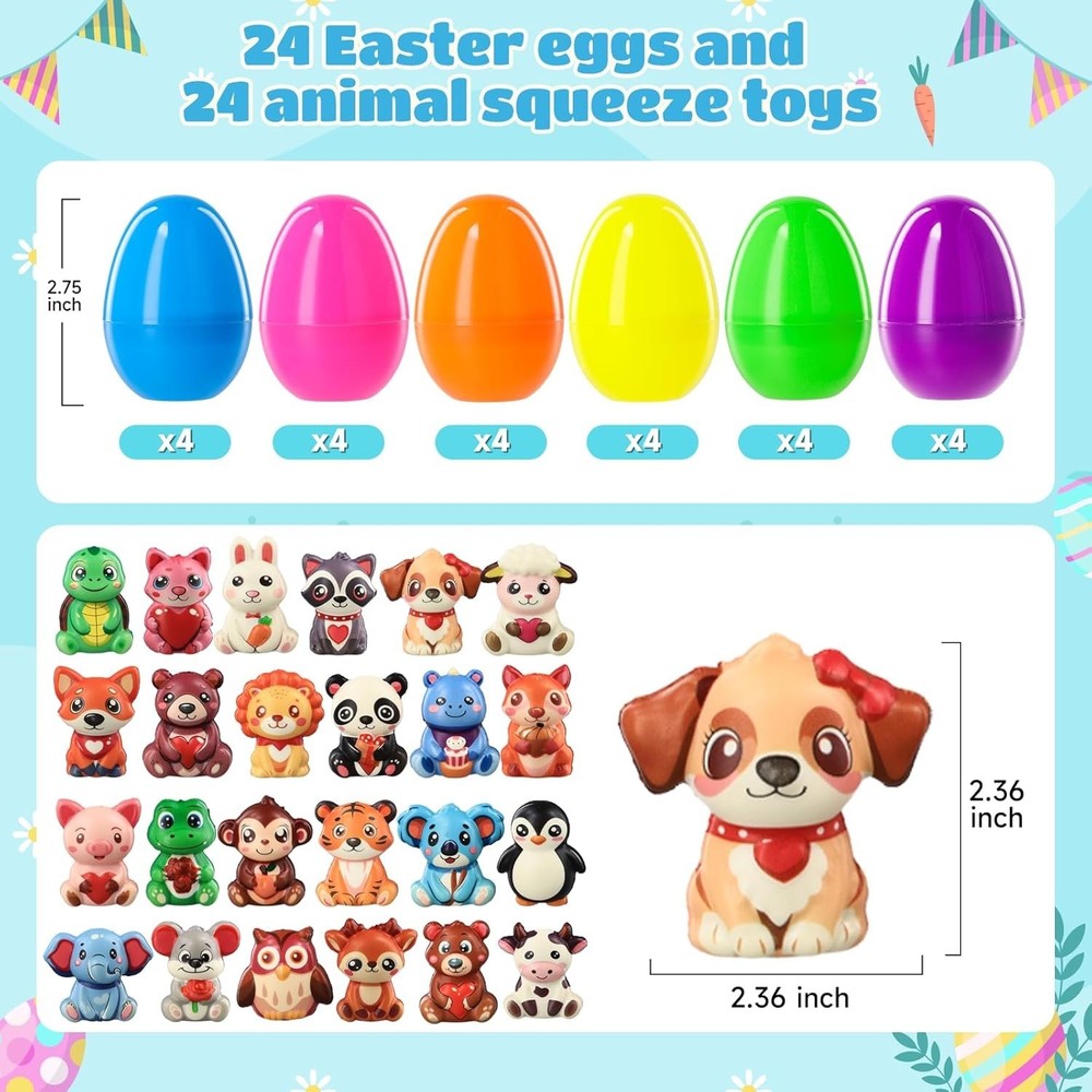 24 Pack Prefilled Easter Eggs with Squishy Animal Toys, Pre-Filled Easter Eggs