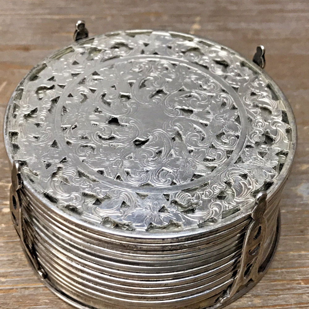 Complete Set, 12 Webster Sterling silver on Glass 3" Coasters with Holder