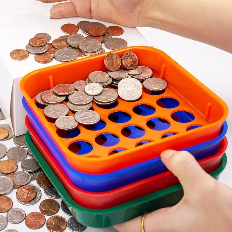 4 Color-Coded Coin Sorting Trays Counter Classification Sieve For Sorting Coins