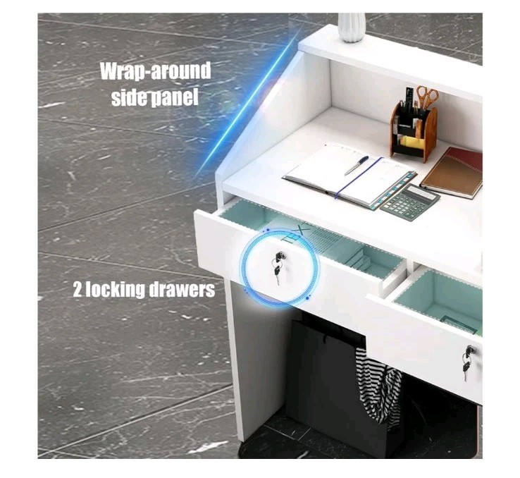 Reception Desk with Counter, Modern Front Desk with Lockable Drawers, White