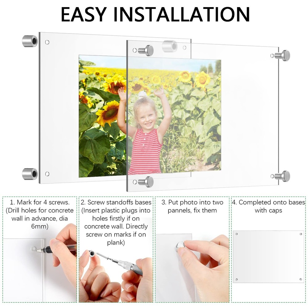 8 Pack Acrylic Floating Picture Frame Wall Mount Frameless Photo Frames Doubl...