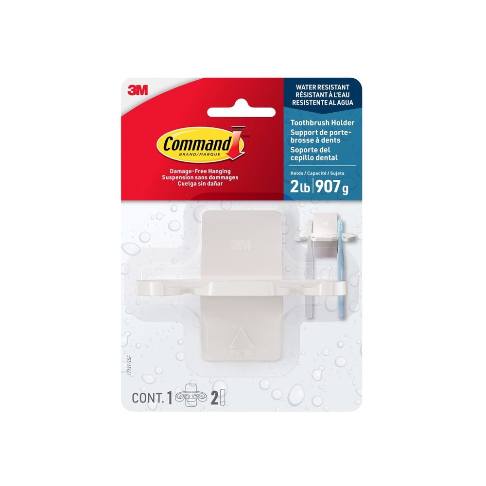 Bath Toothbrush Holder White Plastic 1 Holder 2 Medium Strips Hold 2 lbs