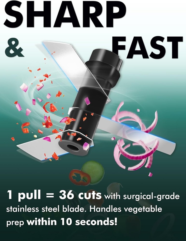 Manual Food Processor Vegetable Cutter, Pull Chopper with String, Food Choppe...