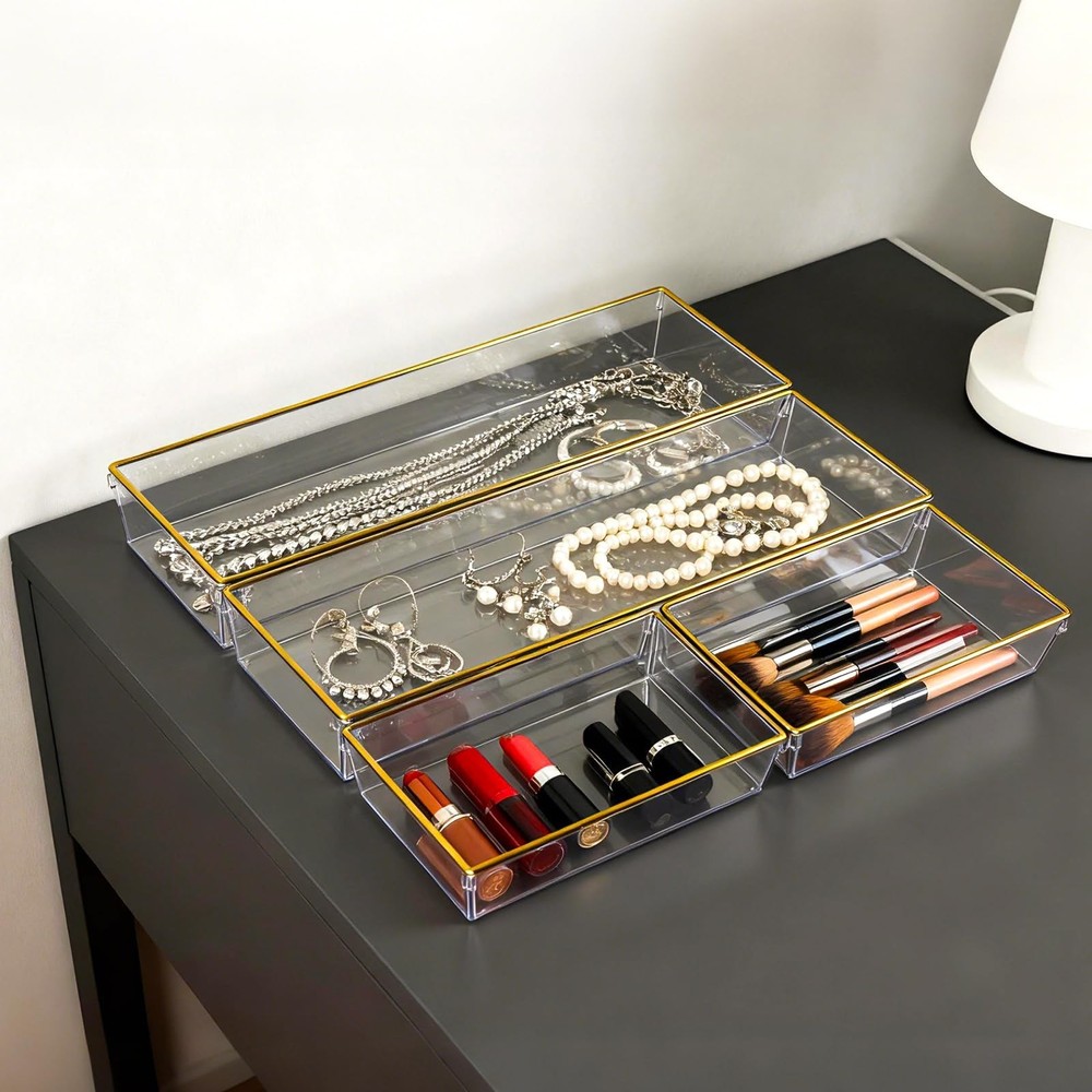 6 Pack Large Size Clear Stackable Drawer Organizer Trays, Gold Rim Makeup Dra...