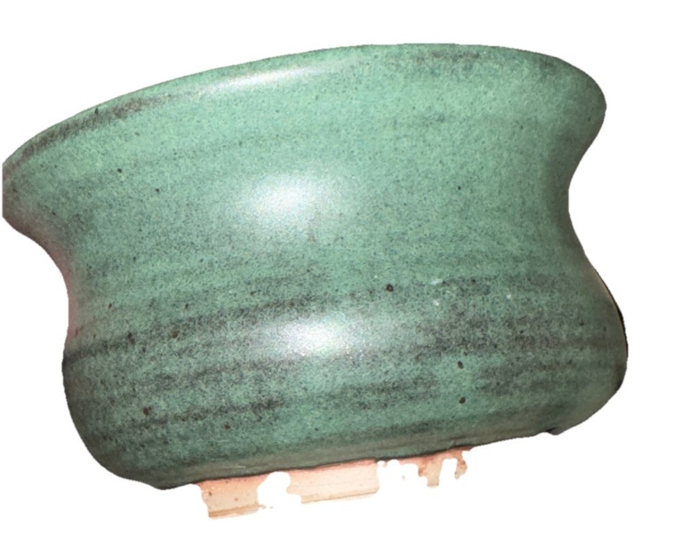 green handmade pottery soup bowl Signed