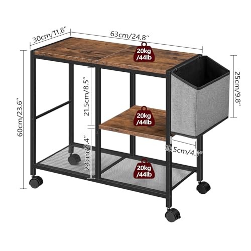 Printer Stand with Storage Bag, 3-Tier Mobile Under Desk Printer Rustic Brown