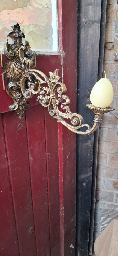 Victorian pair brass ornate scrolled wall candle sconces