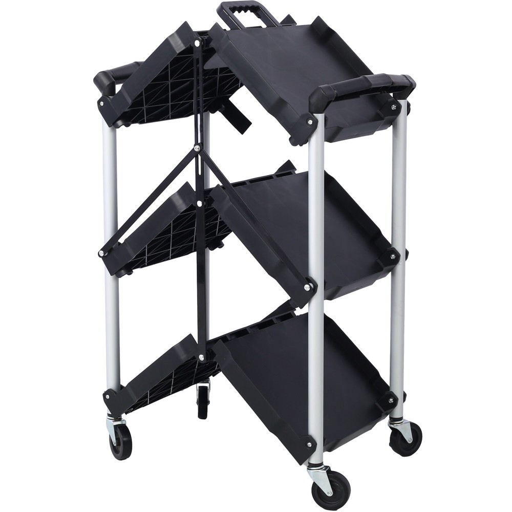 3 Layers Folding Collapsible Service Cart Pack, Black, 50 Lb. Load Capacity