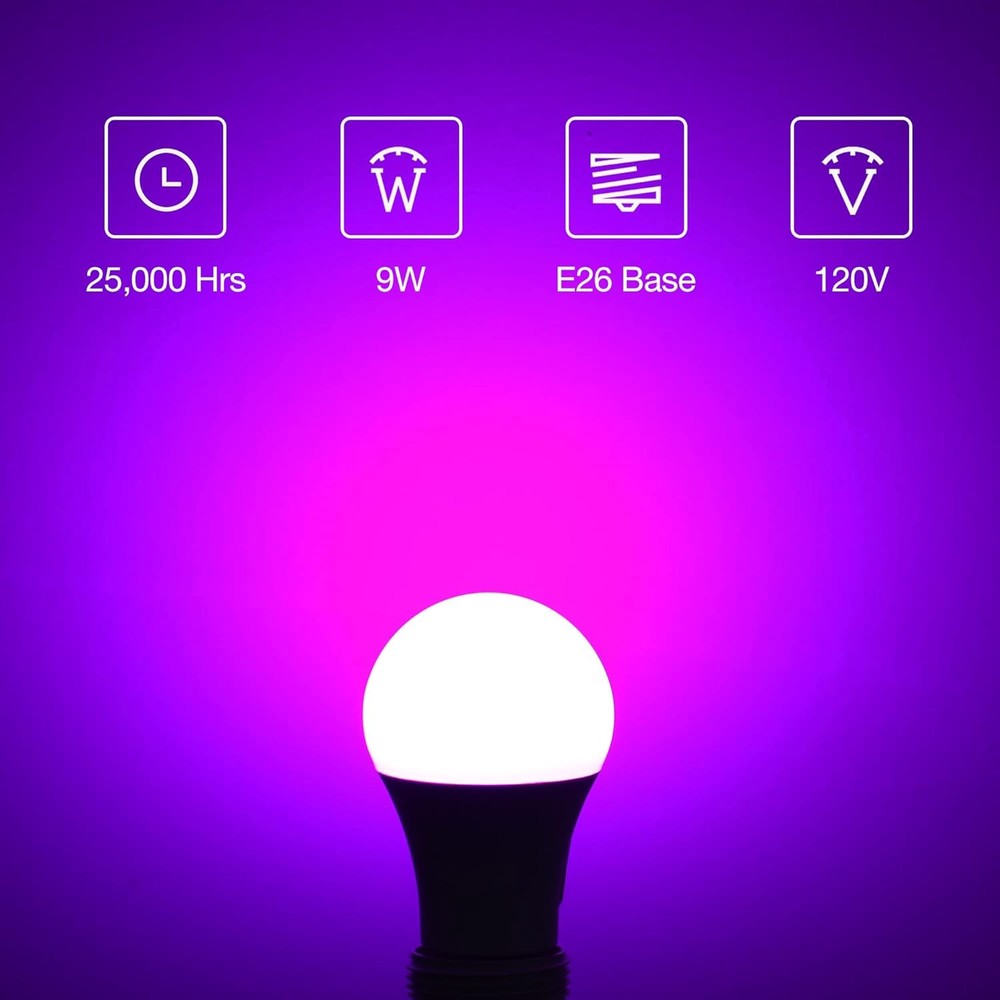 2Pack A19 LED Black Light Bulb 9W 60W Equivalent E26 Base Colored Black Lights