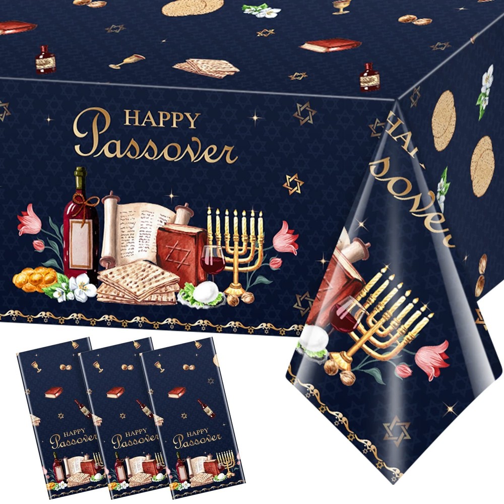 3Pack Happy Passover Tablecloth,Plastic Disposable Passover Tablecloth,Rectan...