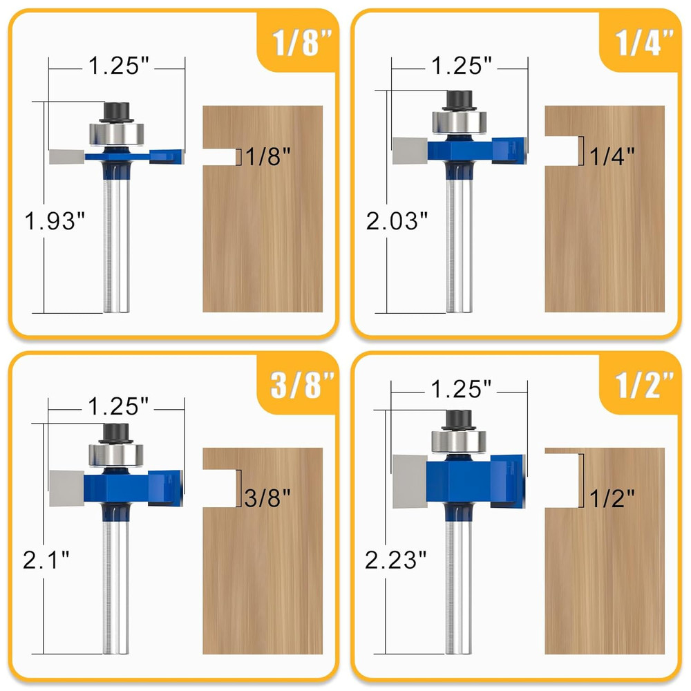 4-Piece Rabbet Router Bit Set with Interchangeable Bearings