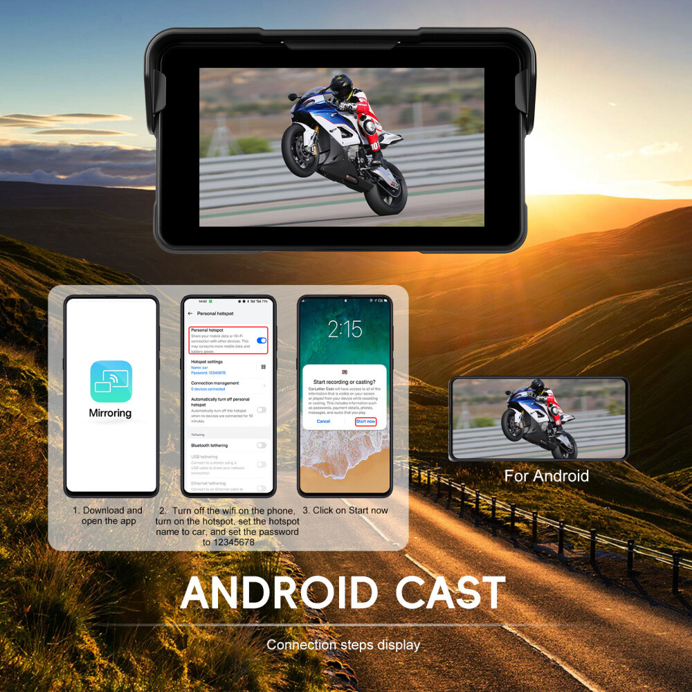 5" Waterproof Motorcycle Navigator Portable Wireless CarPlay Android Auto Screen