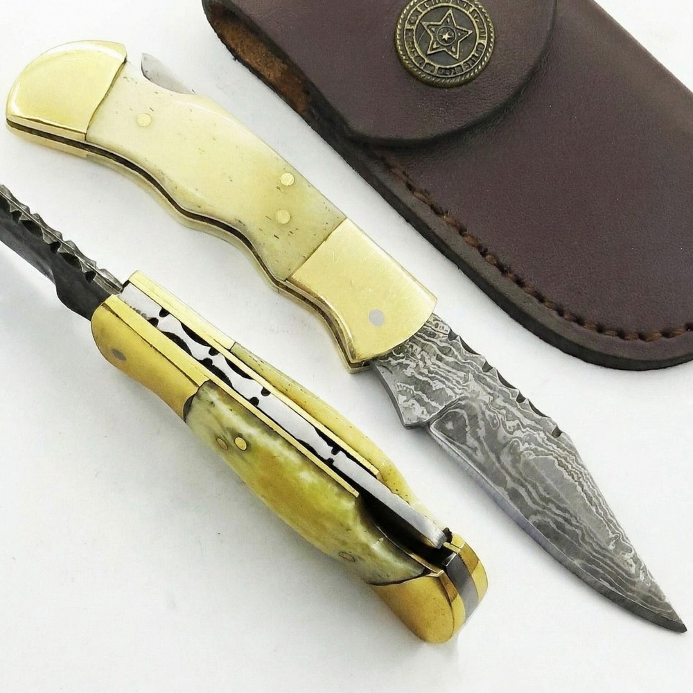 Tactical Scout Damascus Folding Knife Bone Handle Heavy Duty Survival EDC Folder