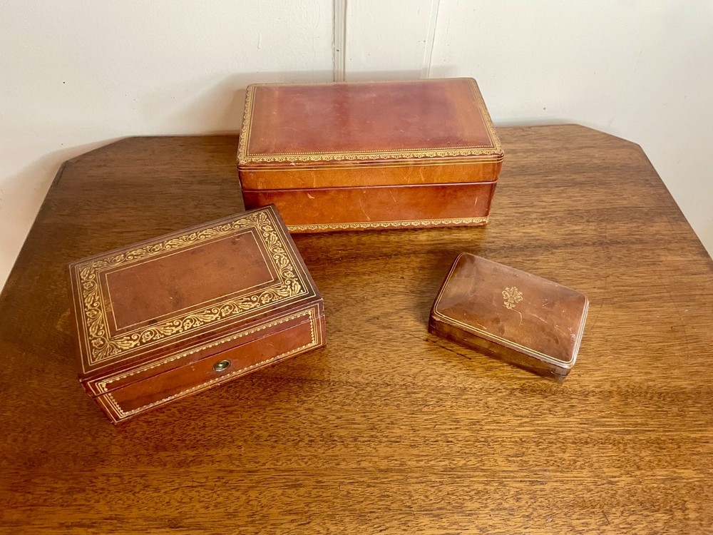 Leather Wrapped Box Early 20th C. w/ Gilded Fleur-de-lis
