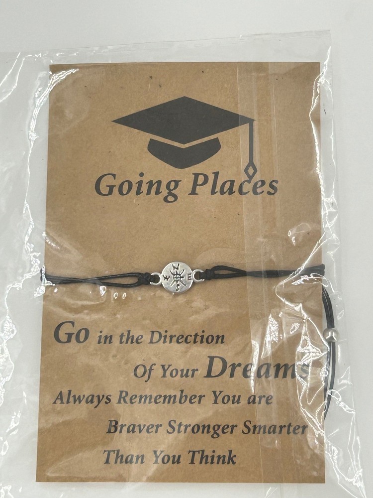 Going Places Compass Charm Bracelet Black Cord Adjustable Silver Tone
