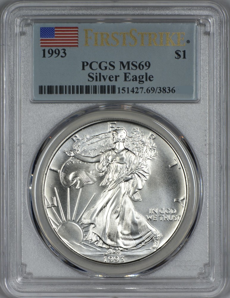 1993 American Silver Eagle PCGS MS69 First Strike Flag Label