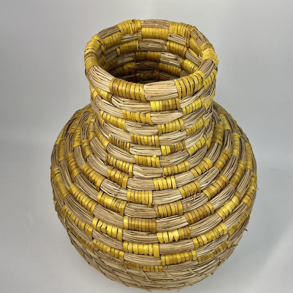 Wicker Coiled Bottleneck Vase 14.5” Floor Tabletop Boho Decor Yellow Stripe