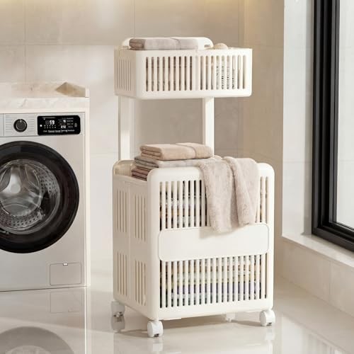 Foldable 2-tier Plastic Laundry Basket with Wheels and Handle 43.8 L Double