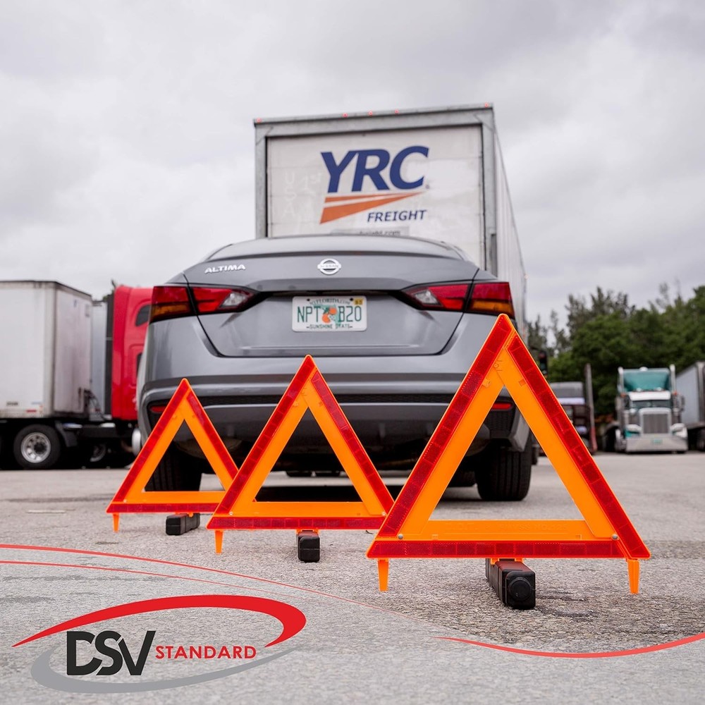 Compact Reflective Safety Triangle Set - Heavy Duty with Easy Setup & Carry Case