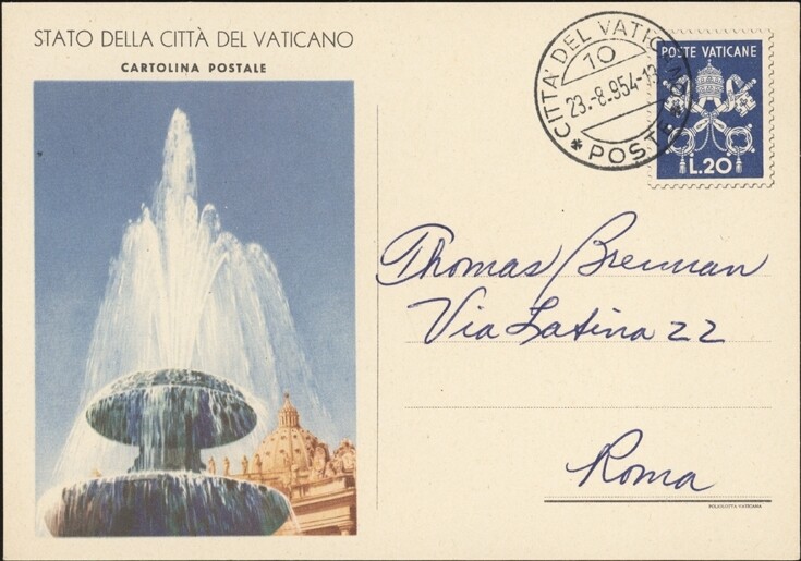 VATICAN, 1954. Post Card H&G 18, Rome