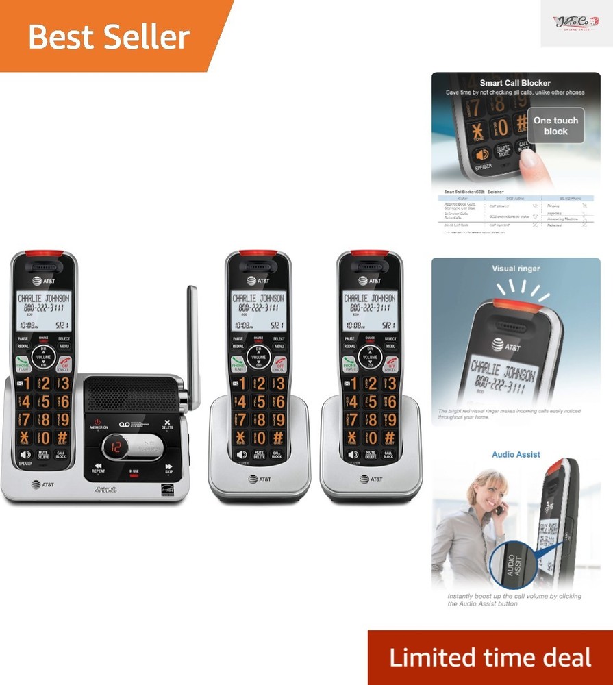 3-Handset Cordless Phone Set with Digital Answering & Intercom Functions